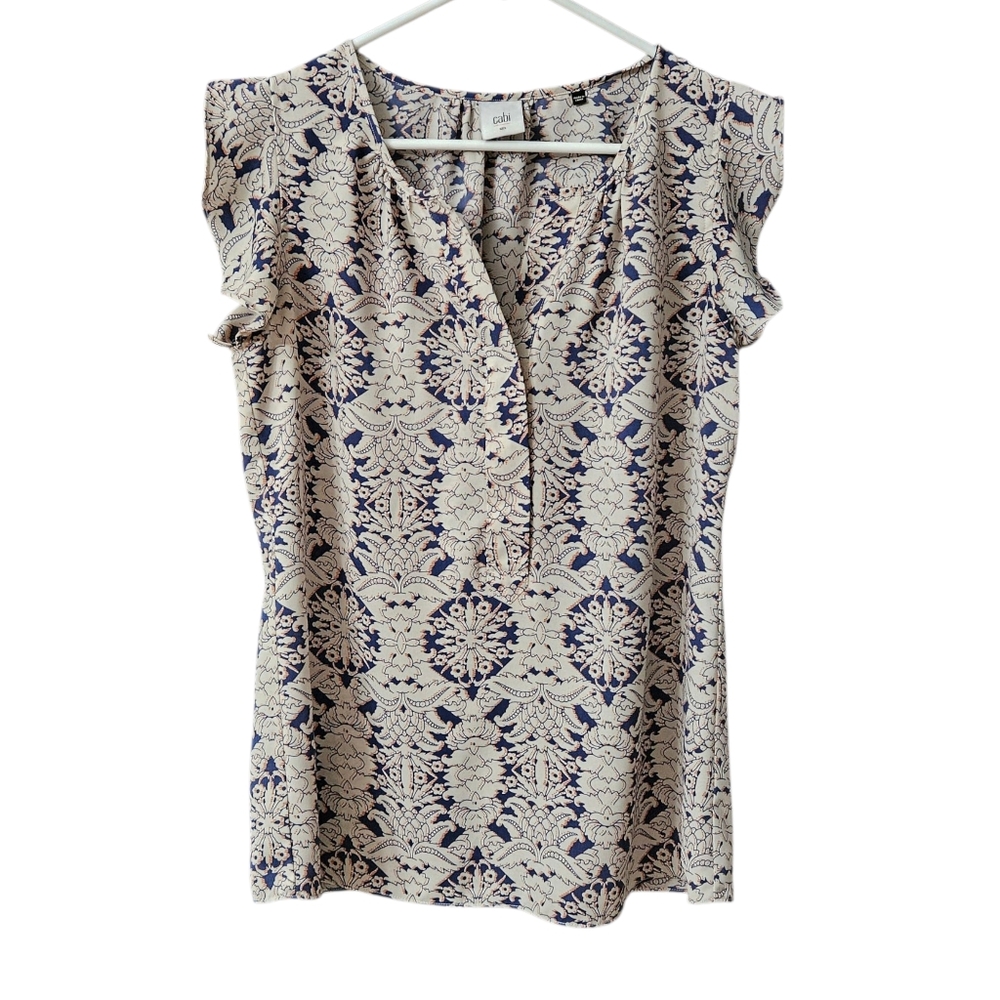 CAbi Women's Top Blouse Flutter Sleeve Size Small Blue Cream Style 3074